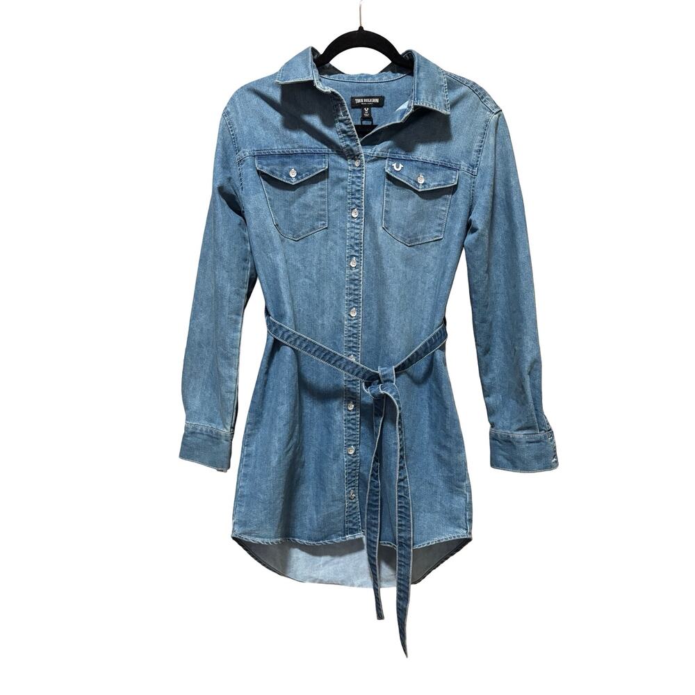 True Religion Denim Shirt Dress Belted Western Mini Size Small - Picture 2 of 7